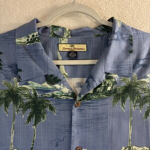 Tommy Bahama Silk Button Shirt Men 2XL Blue Floral AOP Palm Tree Camp Vacation
